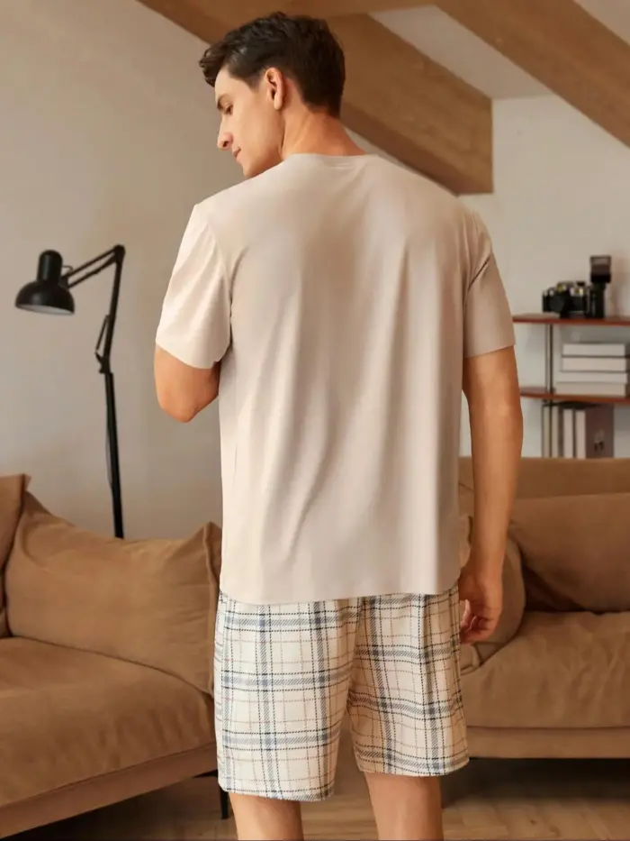 Men’s Short Sleeve Pajama Set – Beige & Plaid - Image 2