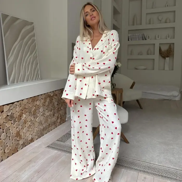 Women’s White Heart Print Pajama Set – Long Sleeve & Pants