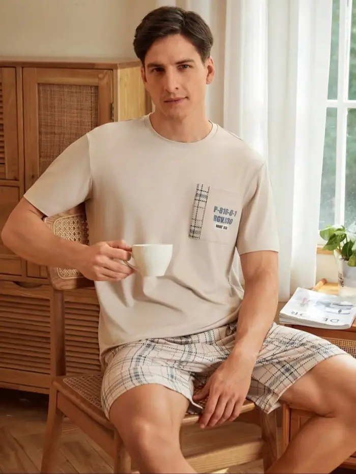 Men’s Short Sleeve Pajama Set – Beige & Plaid - Image 3