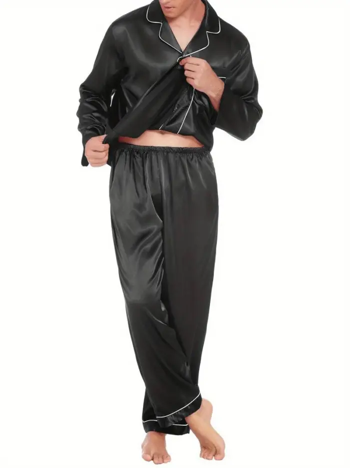 Men’s Long-Sleeve Black Satin Pajama Set - Image 4
