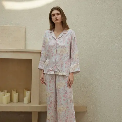Women’s Floral Satin Pajamas Set – Long Sleeve Silk-Feel Sleepwear