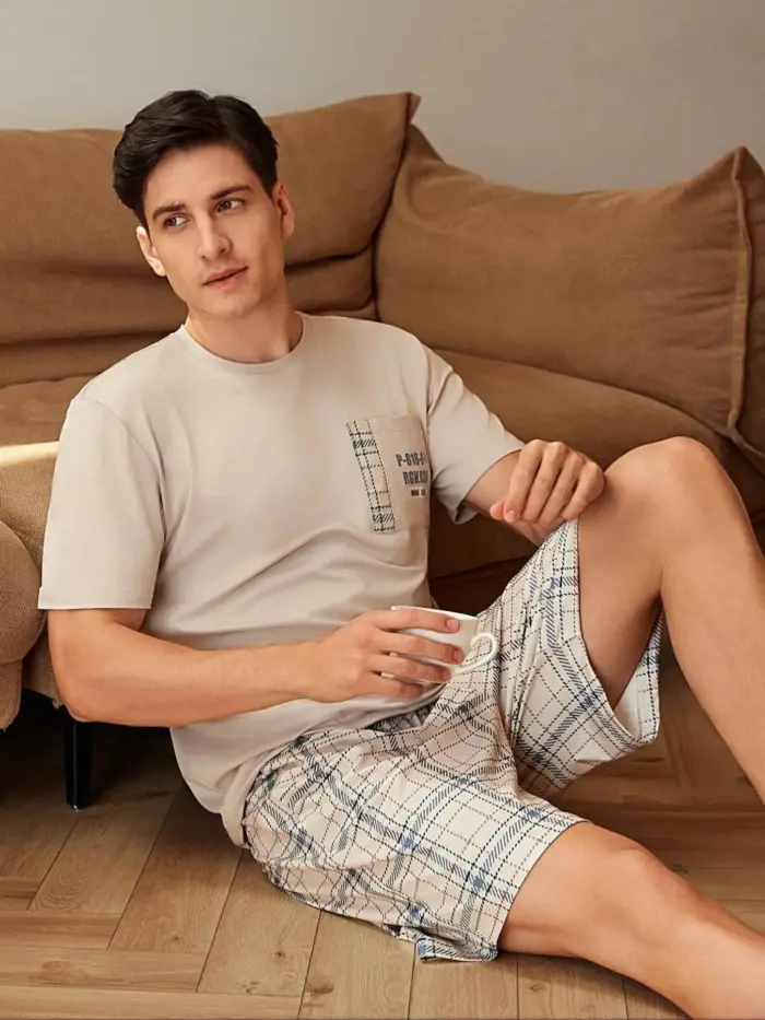 Men’s Short Sleeve Pajama Set – Beige & Plaid - Image 4