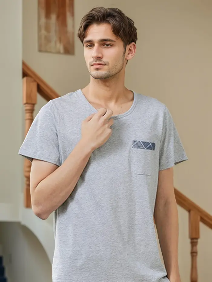 Men’s Short Sleeve Pajama Set – Grey & Blue Plaid - Image 3