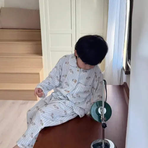 Kids’ Long-Sleeve Striped Pajama Set with Bear Print