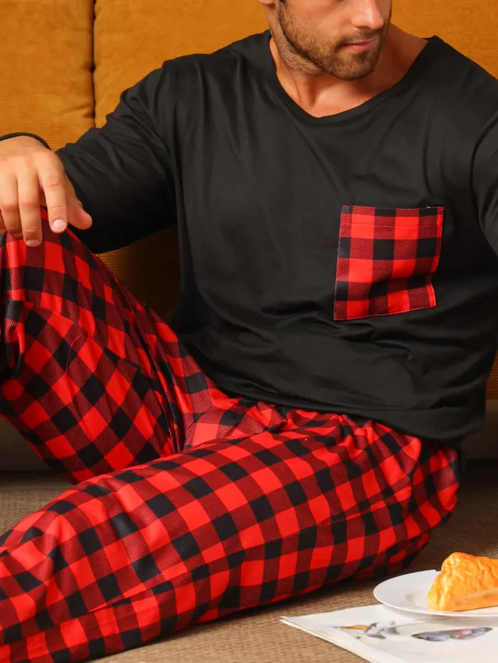 Men’s Long Sleeve Pajama Set – Black & Red Buffalo Plaid - Image 5