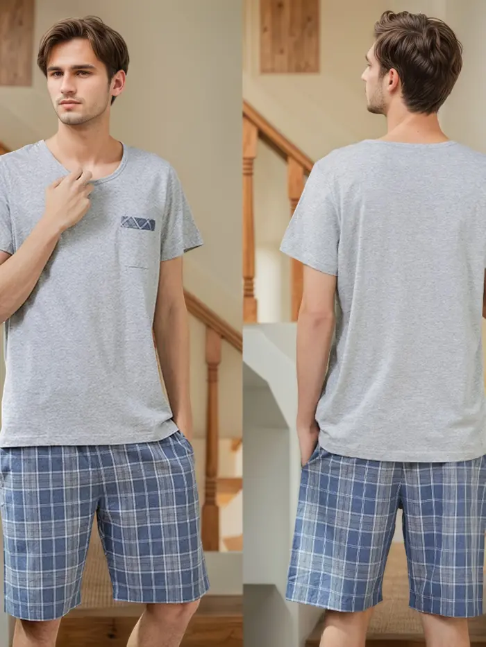 Men’s Short Sleeve Pajama Set – Grey & Blue Plaid - Image 4