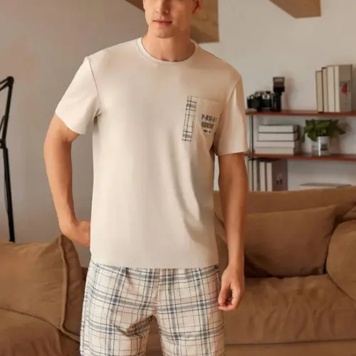 Men’s Short Sleeve Pajama Set – Beige & Plaid