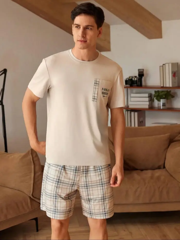 Men’s Short Sleeve Pajama Set – Beige & Plaid