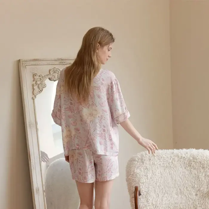Women’s Satin Pajamas – Short Sleeve Floral Sleepwear Set - Image 5