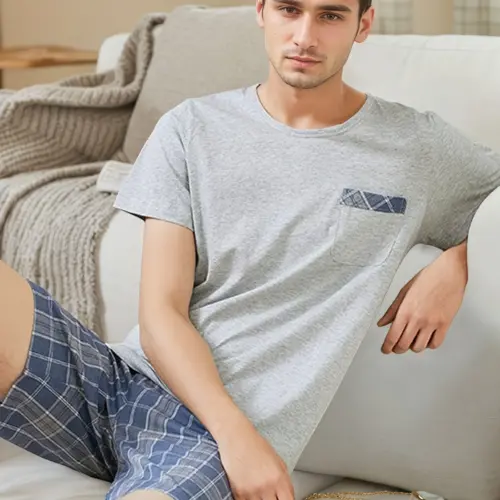 Men’s Short Sleeve Pajama Set – Grey & Blue Plaid