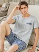 Men’s Short Sleeve Pajama Set – Grey & Blue Plaid
