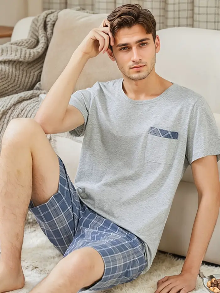 Men’s Short Sleeve Pajama Set – Grey & Blue Plaid - Image 2