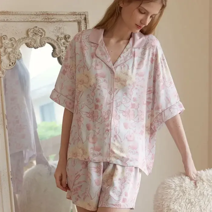 Women’s Satin Pajamas – Short Sleeve Floral Sleepwear Set - Image 3