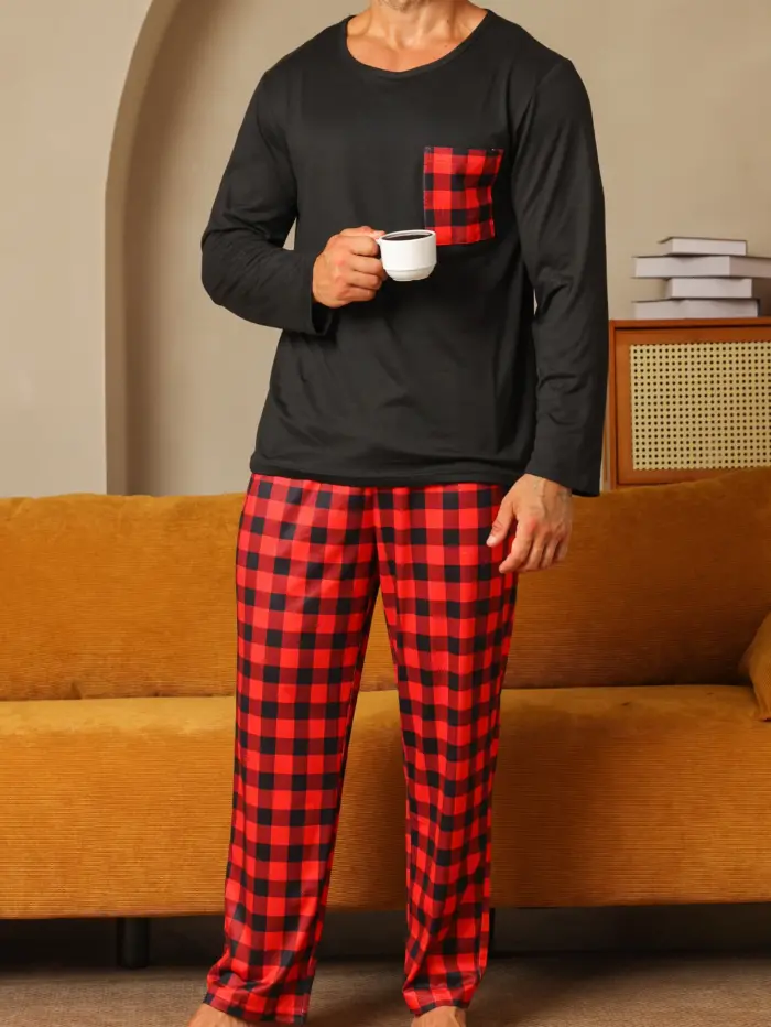 Men’s Long Sleeve Pajama Set – Black & Red Buffalo Plaid - Image 3