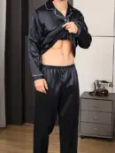 Men’s Long-Sleeve Black Satin Pajama Set