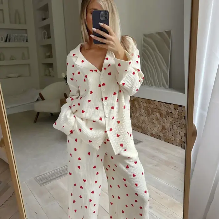 Women’s White Heart Print Pajama Set – Long Sleeve & Pants - Image 4