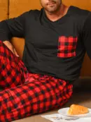 Men’s Long Sleeve Pajama Set – Black & Red Buffalo Plaid