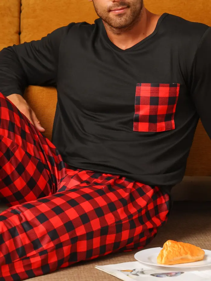 Men’s Long Sleeve Pajama Set – Black & Red Buffalo Plaid - Image 4