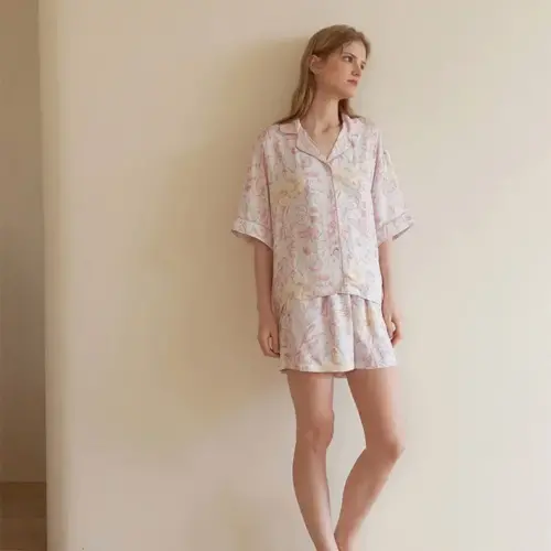 Women’s Satin Pajamas – Short Sleeve Floral Sleepwear Set