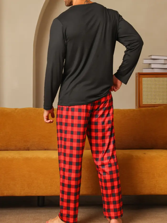 Men’s Long Sleeve Pajama Set – Black & Red Buffalo Plaid - Image 2