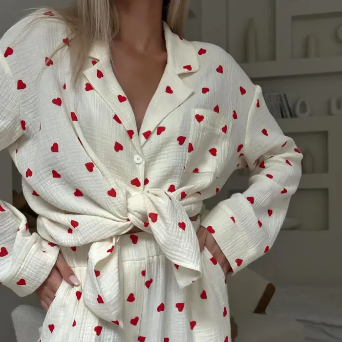 Women’s White Heart Print Pajama Set – Long Sleeve & Pants - Image 5