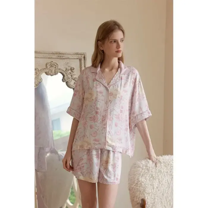 Women’s Satin Pajamas – Short Sleeve Floral Sleepwear Set - Image 4