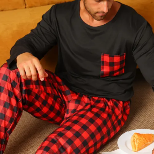 Men’s Long Sleeve Pajama Set – Black & Red Buffalo Plaid
