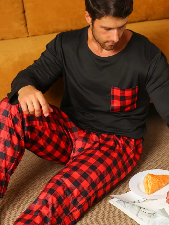 Men’s Long Sleeve Pajama Set – Black & Red Buffalo Plaid