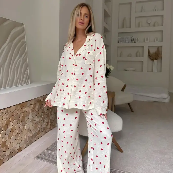 Women’s White Heart Print Pajama Set – Long Sleeve & Pants - Image 2