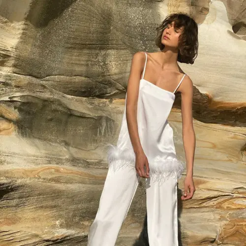 Women’s Satin Feather-Trim Cami & Pants Set – White