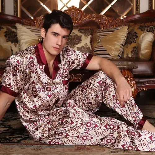 Men’s Short-Sleeve Satin Pajama Set with Geometric Print