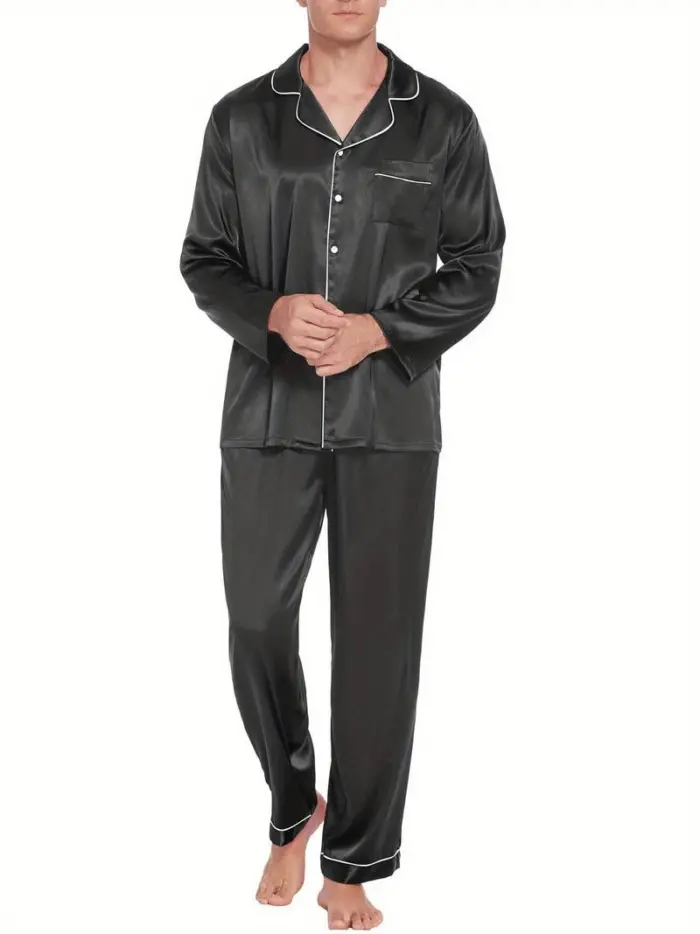 Men’s Long-Sleeve Black Satin Pajama Set - Image 5